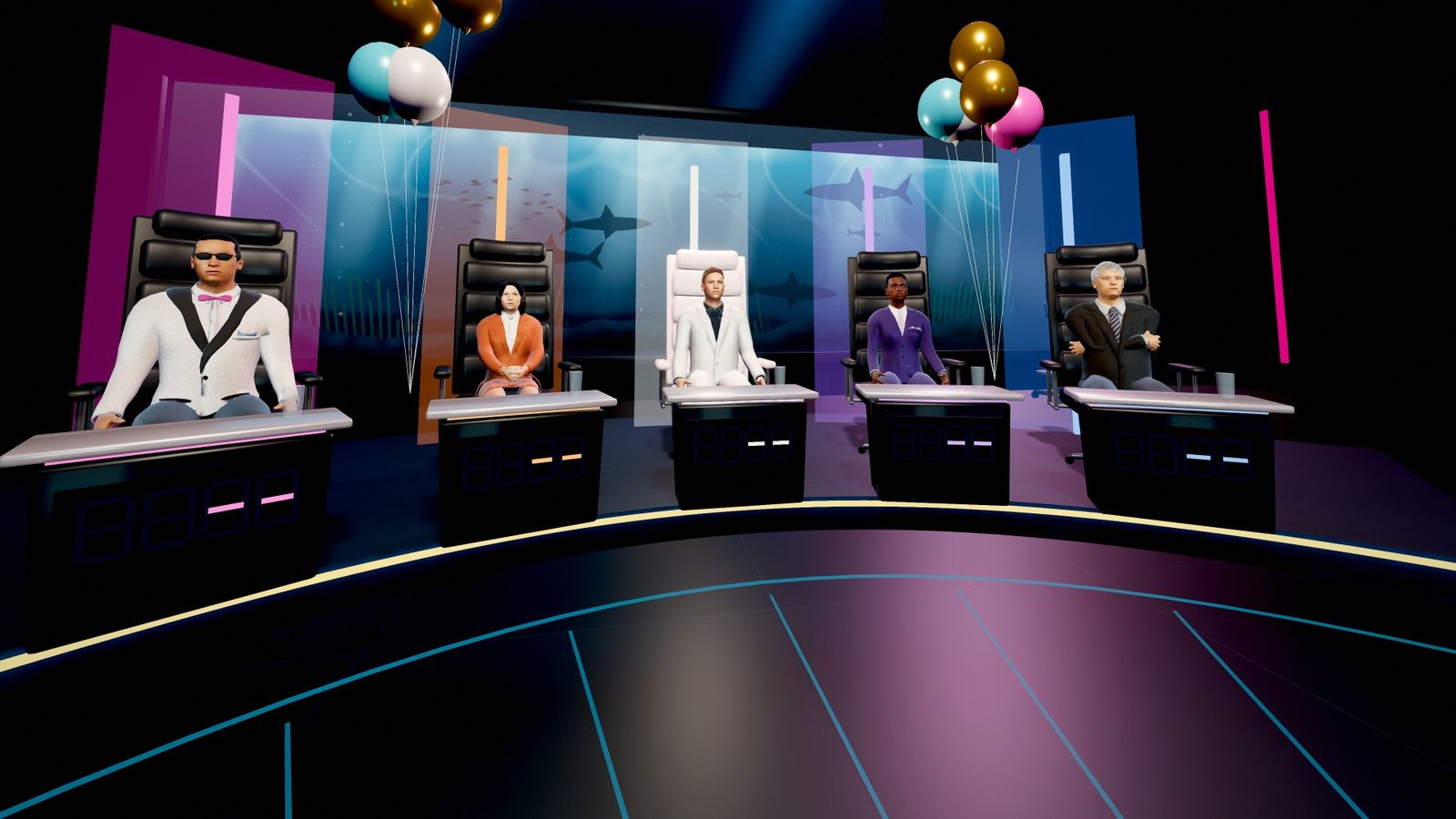 The Deal Sharks studio: four sharks behind their desks